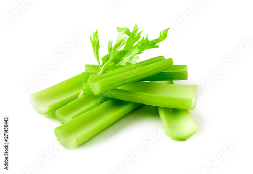 Fresh sliced green celery isolated on white
