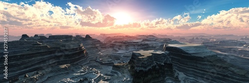Canyon at sunset, the sun over the canyon, stone wasteland, 3D rendering