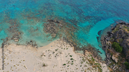 Aerial drone panoramic view photo of famous exotic paradise sandy deep turquoise beach of Elafonissi in South West Crete island  Greece
