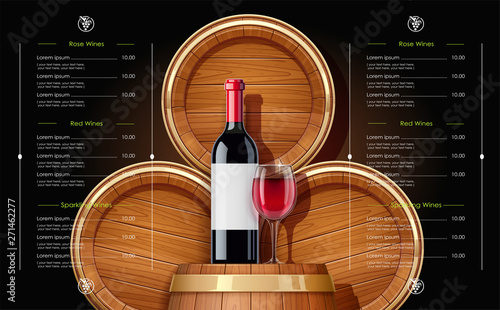 Wooden barrel and bottle. Vessel for keeping wine, beer and beverage. Equipment for pub and wine cellar. Whisky keg. Lager oak capacities. Eps10 vector illustration.