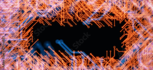 Futuristic Circuit board technology background with bokeh. 3d Rendering