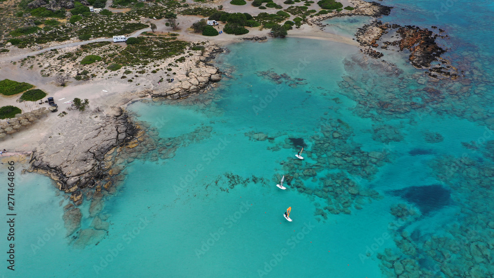 Aerial drone panoramic view photo of famous exotic paradise sandy deep turquoise beach of Elafonissi in South West Crete island, Greece Aerial drone panoramic view photo of famous exotic paradise sandy deep turquoise beach of Elafonissi in South West Crete island, Greece