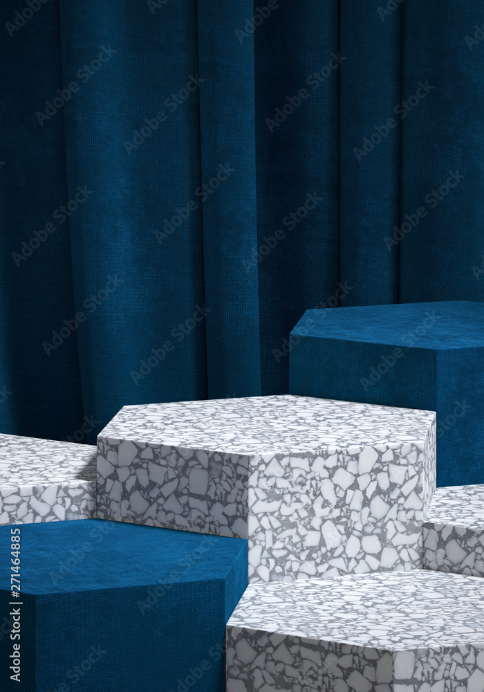 Cosmetic background for product presentation. Navy blue velvet and grey terrazzo hexagon podium on blue curtain. 3d rendering illustration. - Illustration