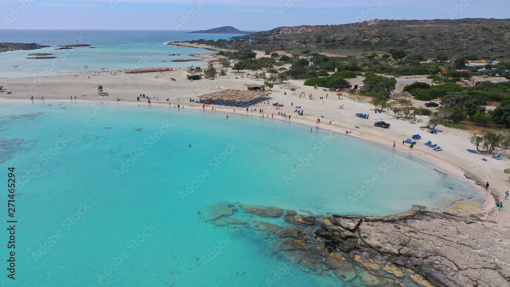 Fototapeta premium Aerial drone panoramic view photo of famous exotic paradise sandy deep turquoise beach of Elafonissi in South West Crete island, Greece