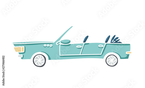 Cute illustration of a doodle car. Pastel colored vector cabriolet with white outline.