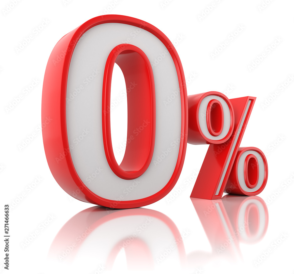 Red zero percent on white reflective background. 3d rendering. Illustration for advertising. Red zero percent on white reflective background. 3d rendering. Illustration for advertising.