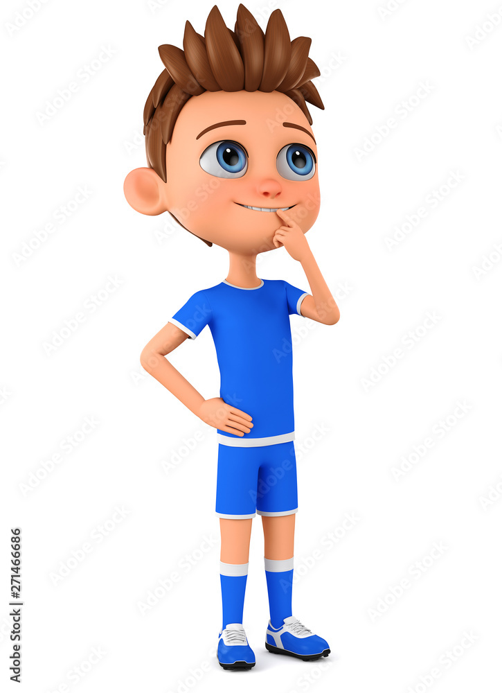 Boy in sports uniform is thinking on a white background. 3d render illustration. Boy in sports uniform is thinking on a white background. 3d render illustration.