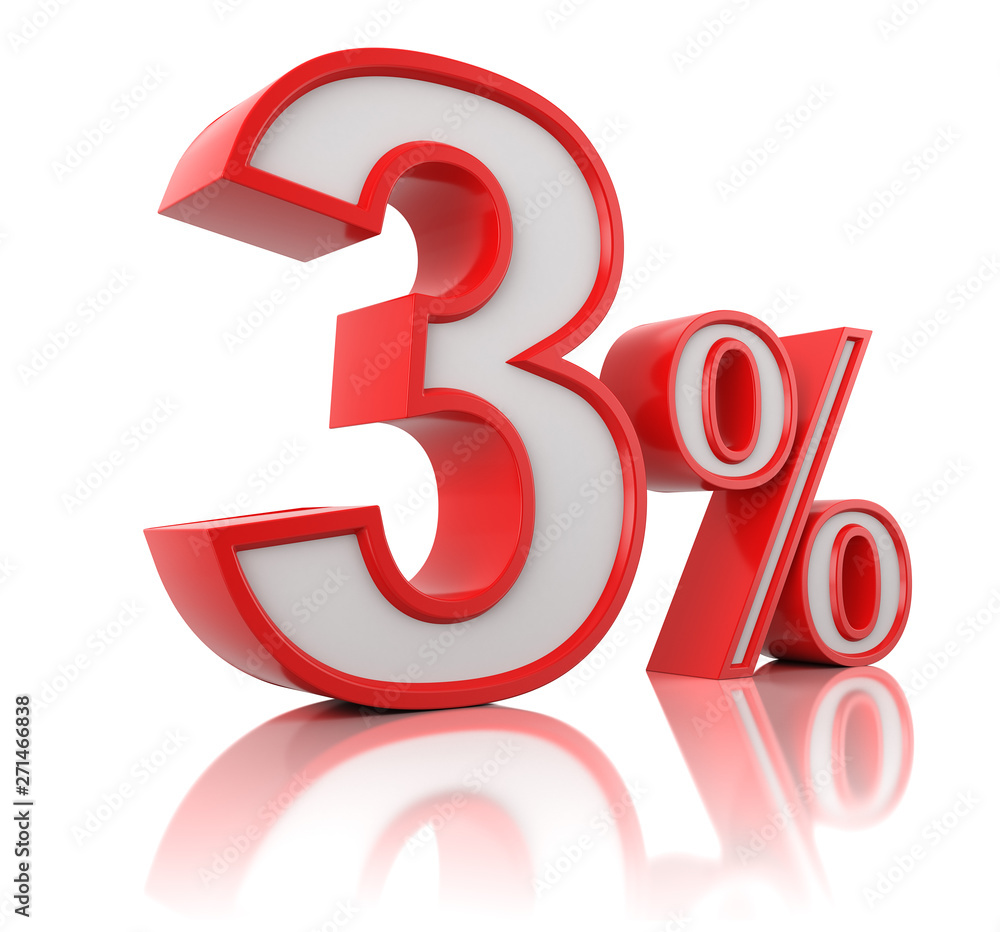 Red three percent on white reflective background. 3d rendering. Illustration for advertising. Red three percent on white reflective background. 3d rendering. Illustration for advertising.