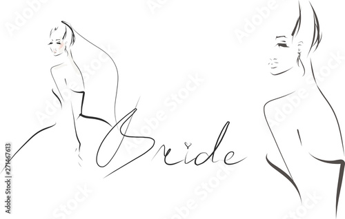 Young beautiful bride in dress. Hand-drawn fashion illustration. Sketch, vector