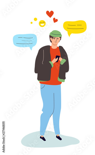 Happy boy chatting online - modern colorful flat design style illustration