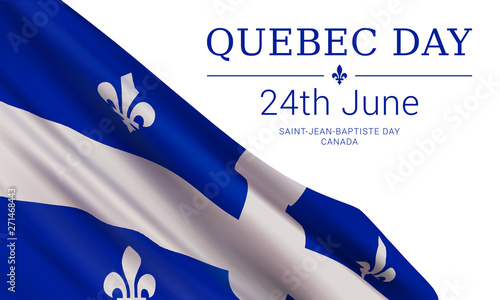 Quebec National Day (Saint-Jean-Baptiste Day), 24th June, vector banner design template with flag of Quebec province and text on white background.