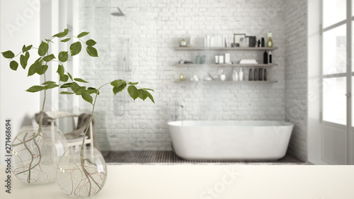 White table top or shelf with glass vase with hydroponic plant, ornament, root of plant in water, branch in vase, house plant, modern blurred bathroom background, interior design