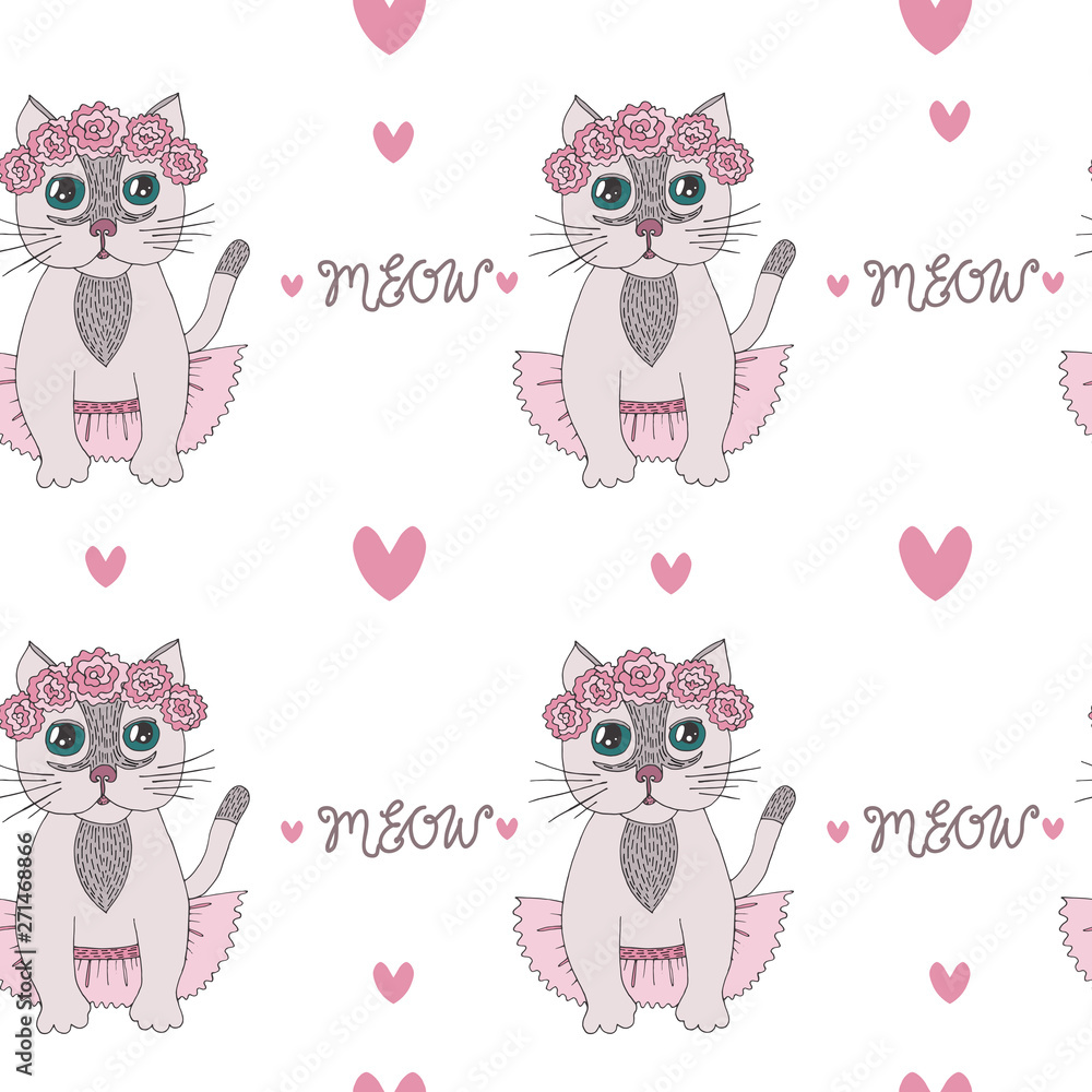 Seamless pattern with sweet cartoon cats with flower on the head