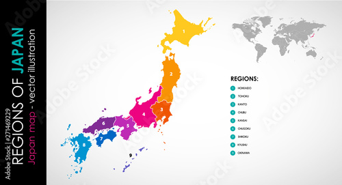 Vector map of Japan and 8 regions COLOR