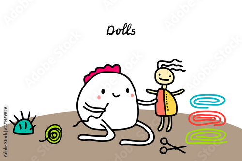 Dolls hand drawn vector illustration in cartoon style. Making toys