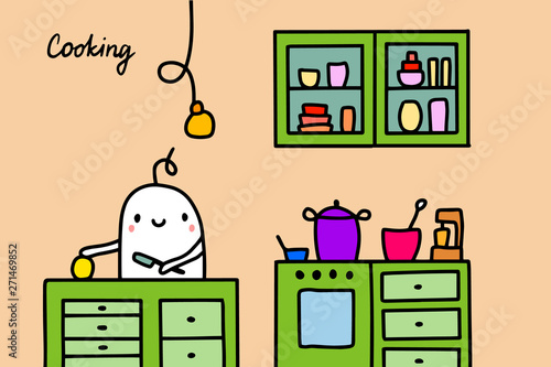 Cooking hand drawn vector illustration in cartoon style. Men on the kitchen making dish