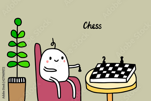 Chess hand drawn vector illustration in cartoon style. Men sitting on the chair with board
