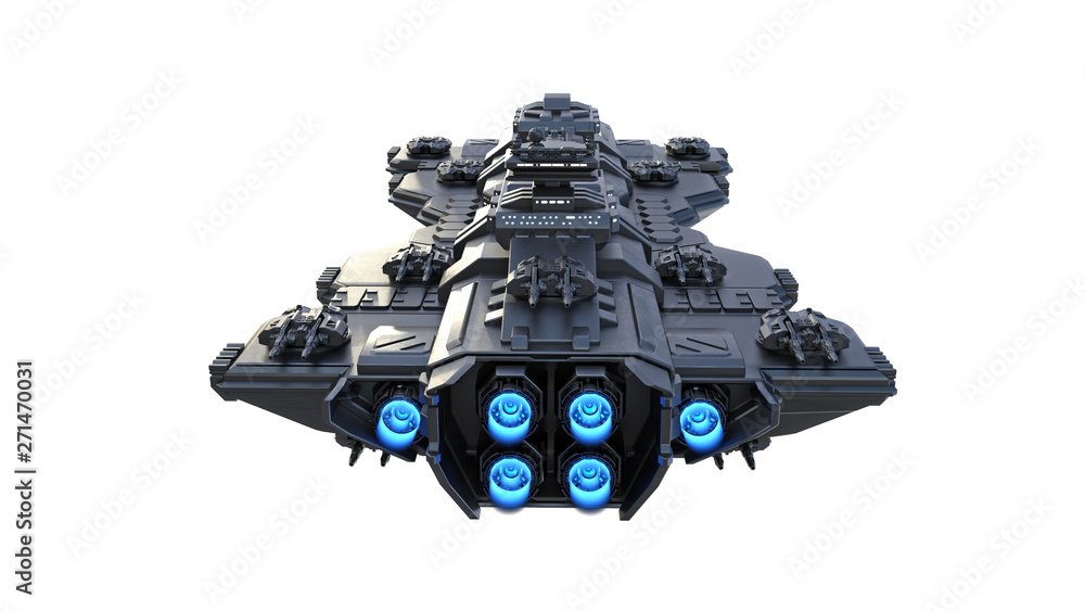 Spaceship flying, alien UFO spacecraft in flight isolated on white background, back view, 3D rendering Spaceship flying, alien UFO spacecraft in flight isolated on white background, back view, 3D rendering