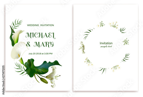 White flowers. Flower background. Calla. Lilies.  Green leaves. Wedding invitation. Green leaves.