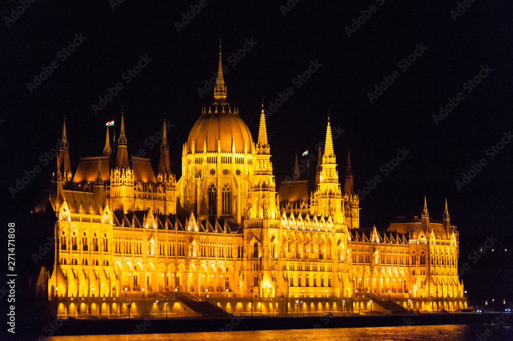 Budapest's famous parliament buildings at night,