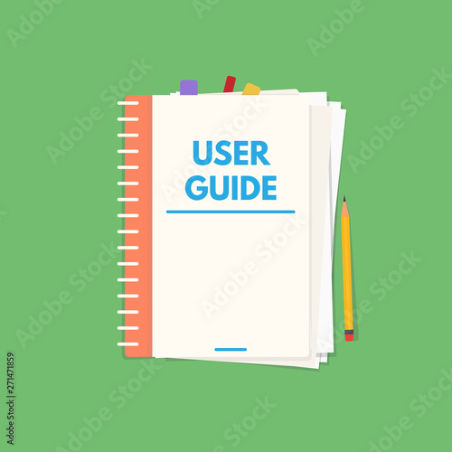 User guide book. Handbook with cover and text user guide. Instructions and guidance manual textbook. Tutorial or other education vector flat style banner.