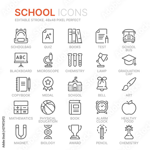 Collection of school related line icons. 48x48 Pixel Perfect. Editable stroke