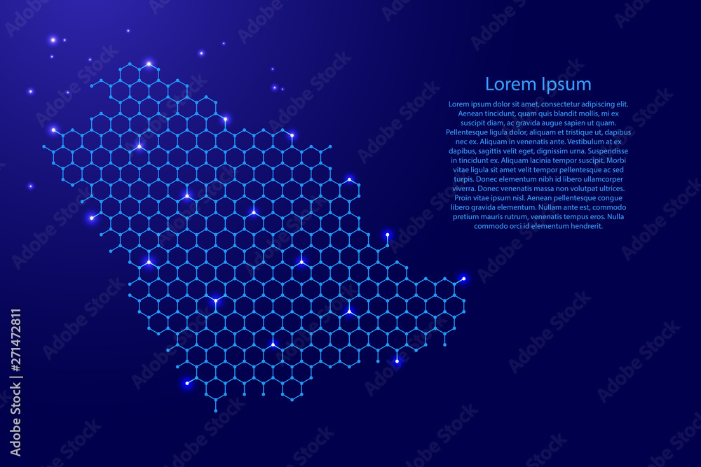 Saudi Arabia map from futuristic hexagonal shapes, lines, points  blue and glowing stars in nodes, form of honeycomb or molecular structure for banner, poster, greeting card. Vector illustration.
