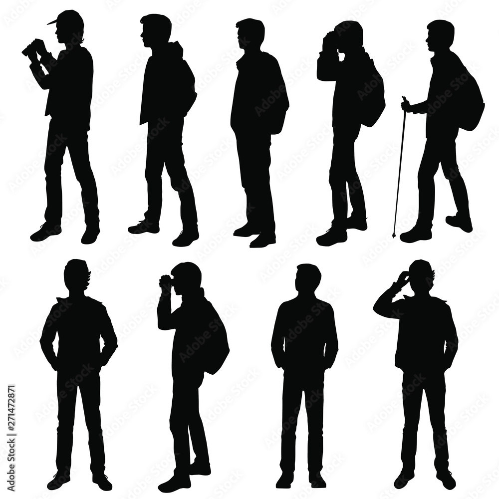 Set vector silhouette of a teenager with a backpack, stick, binoculars, standing, group people, black color, isolated on white background - obrazy, fototapety, plakaty 
