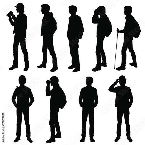 Set vector silhouette of a teenager with a backpack, stick, binoculars, standing, group people, black color, isolated on white background