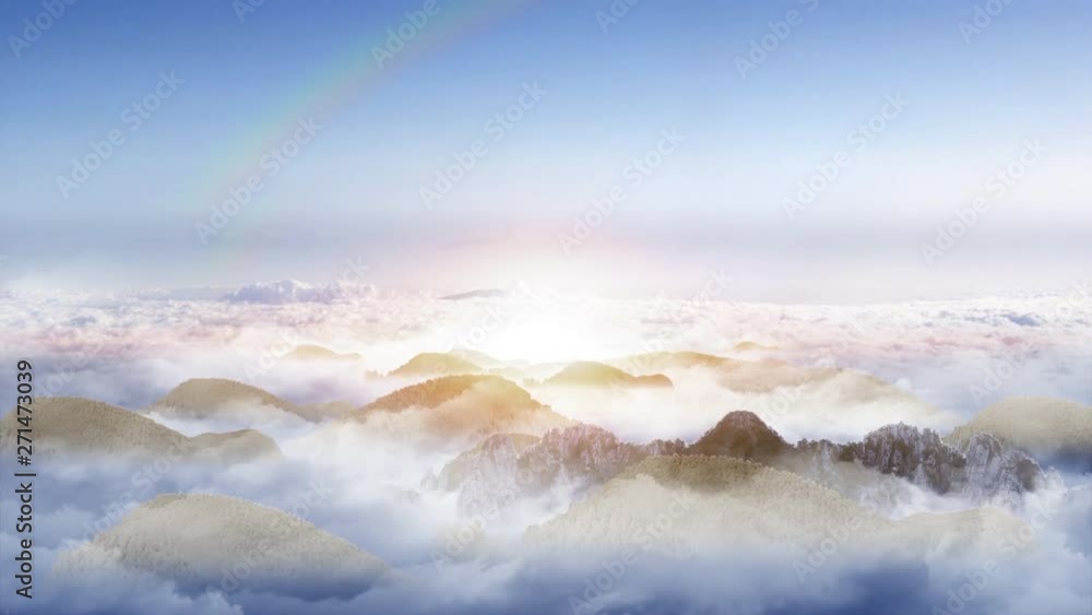 Realistic mountain and cloud landscape flyover 2D and 3D animation. Mountain peak above clouds against beautiful blue sky. Realistic mountain and cloud landscape flyover 2D and 3D animation. Mountain peak above clouds against beautiful blue sky.