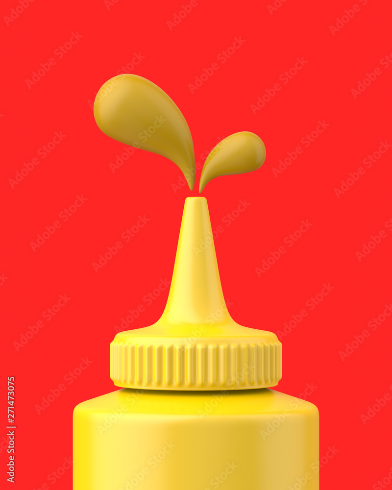 Close-up mustard squeeze bottle squirting on a red background. 3d render. Front view. Conceptual Scenes Series. Close-up mustard squeeze bottle squirting on a red background. 3d render. Front view. Conceptual Scenes Series.