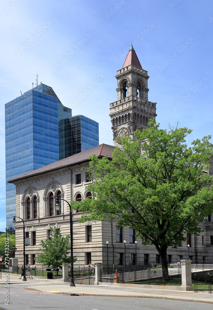 View of Worcester City Hall and contemporary office building in downtown Worcester, Massachusetts