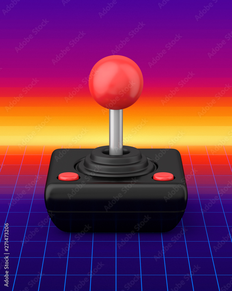 Retro joystick on a colourful wireframe background. 3d render. Angled view. Retro Gaming Series. Retro joystick on a colourful wireframe background. 3d render. Angled view. Retro Gaming Series.