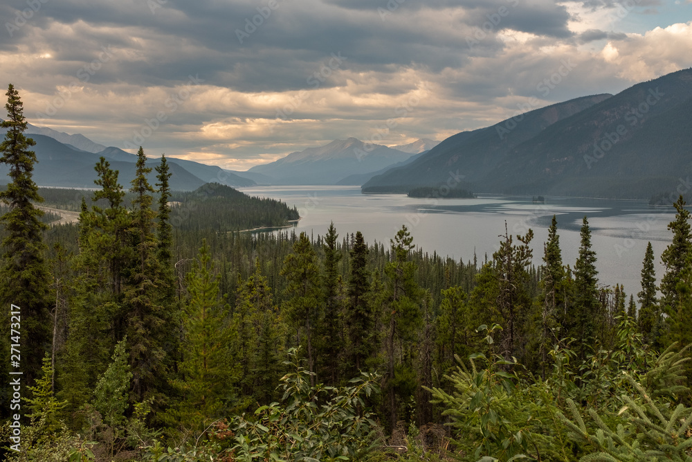A view from the road of the beautiful Muncho Lake in Canada framed by the pine forests, nobody in the image