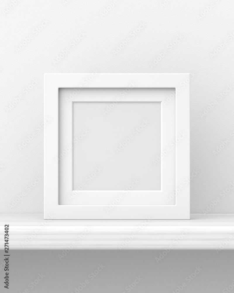 Square white picture frame on a white wooden shelf against a white wall. 3d render. Front view. Home Interiors Series. Square white picture frame on a white wooden shelf against a white wall. 3d render. Front view. Home Interiors Series.