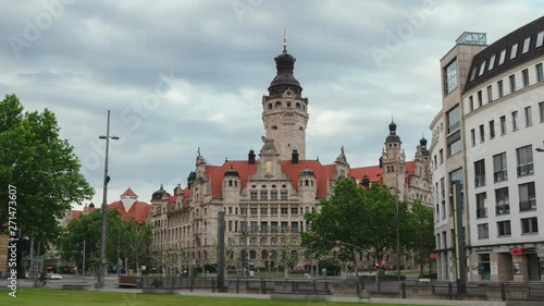 New Town Hall (Neues Rathaus) Leipzig lhe tallest city hall tower in Germany. Motion Timelapse Hyperlapse photo