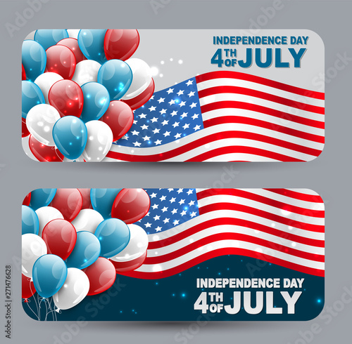 4th of July United States national Independence Day celebration banner set with blue, red, and white balloons and the flag for a website header or advertisement print with typography