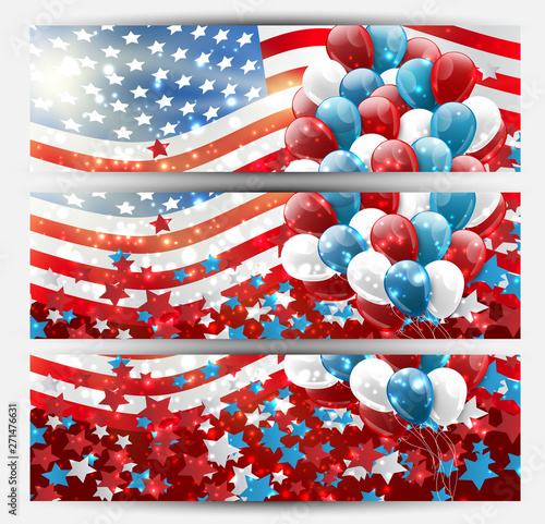 4th of July American national Independence Day celebration banner set with blue, red, and white balloons and the flag design concept. Vector illustration.