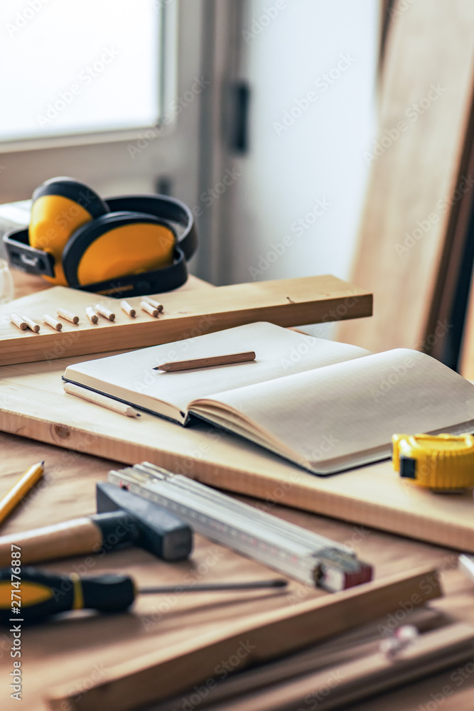 Various tools on carpentry woodwork workshop desk, selective focus Various tools on carpentry woodwork workshop desk, selective focus