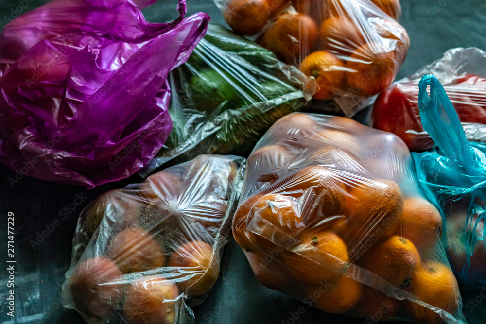 plastic packages begs with fresh fruits veggies after the markets plastic packages begs with fresh fruits veggies after the markets