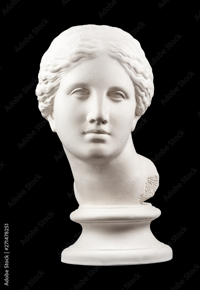Foto de Gypsum copy of ancient statue Venus head isolated on black  background. Plaster sculpture woman face. do Stock | Adobe Stock