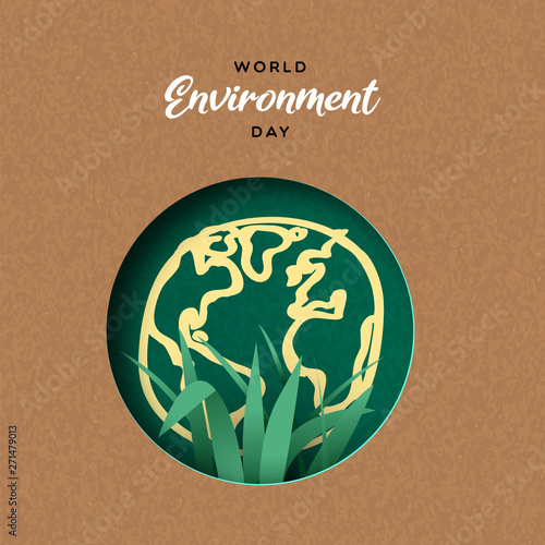 Environment Day card of papercut earth and plant