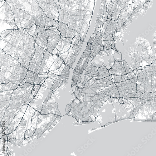 New York City (NYC, NY) map. Light map of New York City (New York, United States). Highly detailed map of The "Big Apple" with water objects, roads, railways, etc.