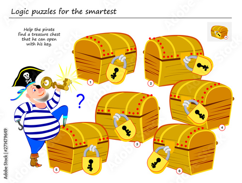 Logic puzzle game for smartest. Help the pirate find a treasure chest that he can open with his key. Printable page for brainteaser book. Developing spatial thinking. Vector cartoon image.
