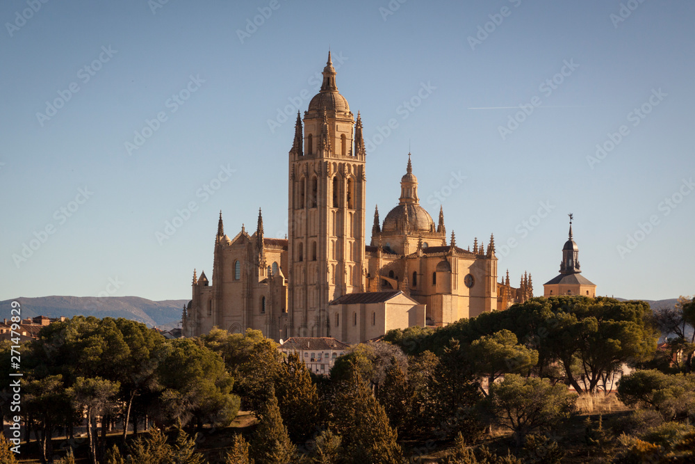 View of Segovia with gothic cathedral, typical old houses, city wall. nigth, pinnacles and tower. Segovia, Spain