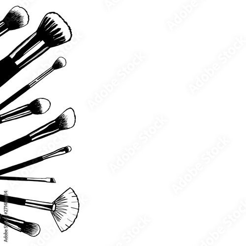 Makeup banner with brushes on the left side, template for makeup artist. Hand drawn vector illustration