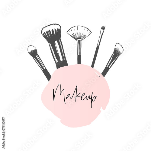 Makeup banner with brushes, template for makeup artist, hand drawn vector illustration