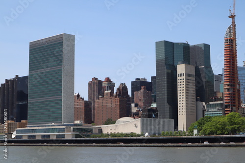 New York, NY, USA - MAY 23, 2019 - United Nations Headquarters in New York City. uptown new york city united nations complex. United Nations Building view from Roosevelt Four Freedom park
