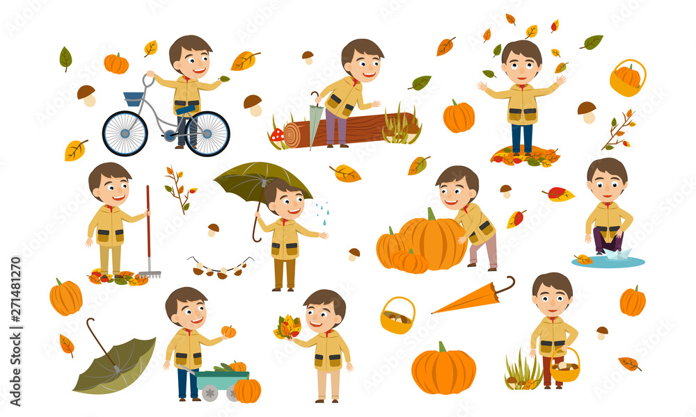 A blond boy in an autumn jacket plays with leaves, launches a paper boat, rides a bicycle, carries pumpkins and has fun in the fall. Cute Vector Illustration