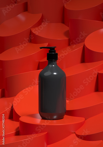 Abstract red cylinder pillar.Block bottle on minimal round podium stand background or wallpaper for product presentation. Fashion magazine illustration. 3d render illustration. - Illustration